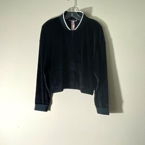 VICTORIAS SECRET WOMENS VELOUR RIBBED BOMBER JKT FULL ZIP FRONT SZ L BLACK/WHT